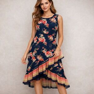 Roz & Ali Floral High-Low Dress Plus 20 Navy Blue Ruffle Sleeveless Boho Chic
